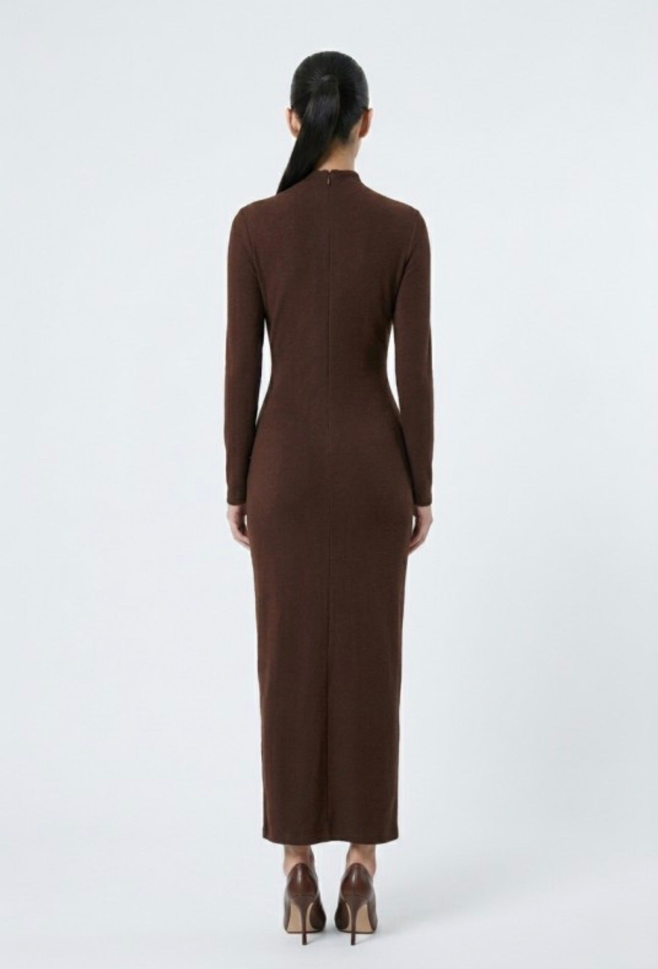 Mock Neck Ruche Drape Long Sleeve Maxi Dress with Gold Accent
