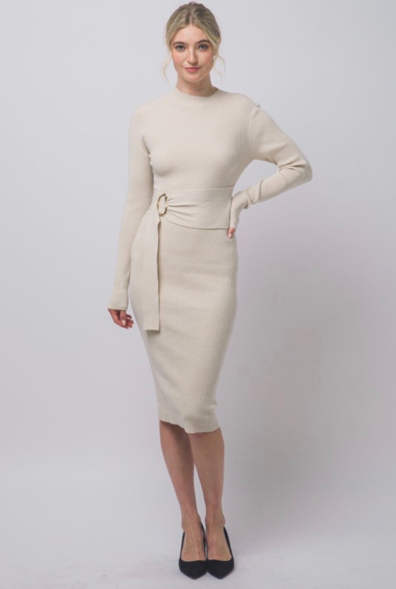 Mock Neck Long Sleeve Sweater Midi Dress with Tie Waist