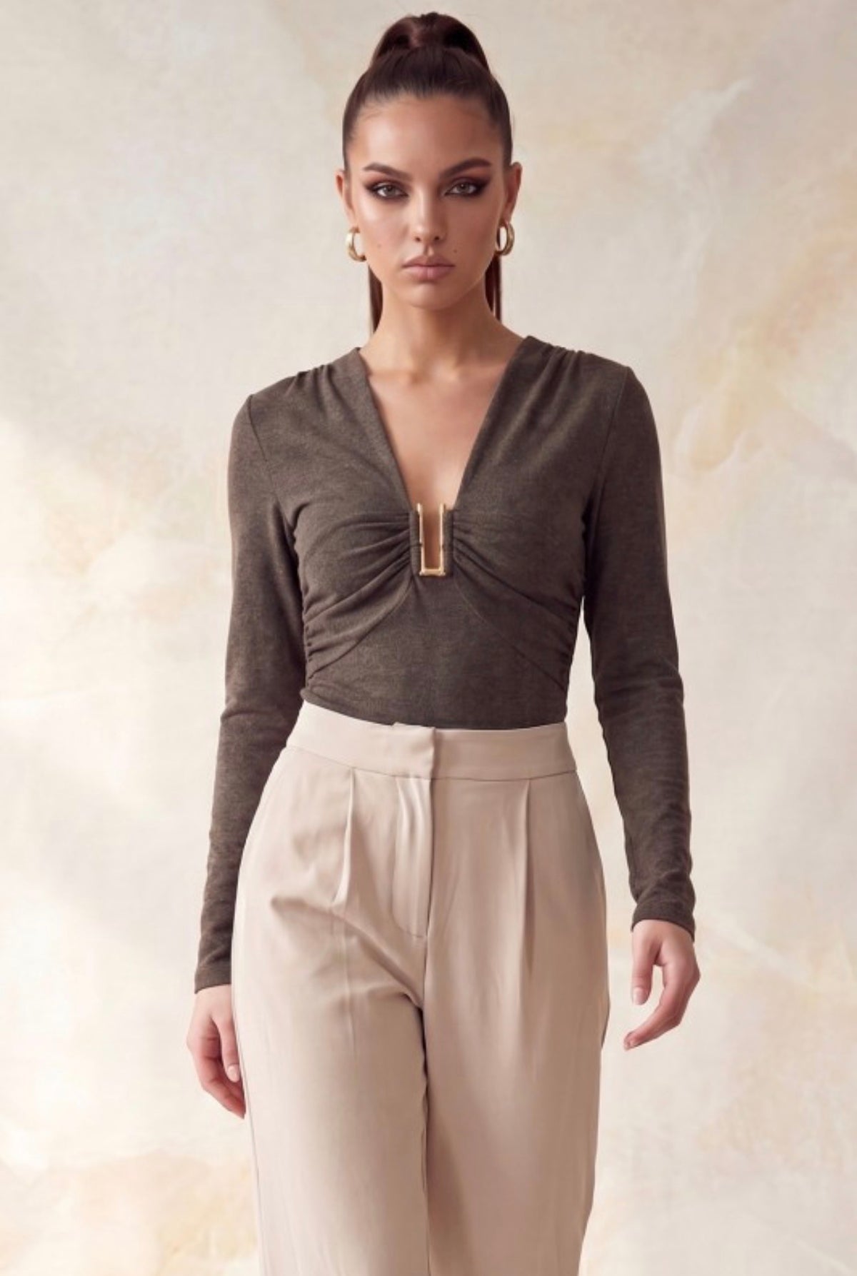 Long Sleeve Ruche Plunge Soft Bodysuit with Gold Accent