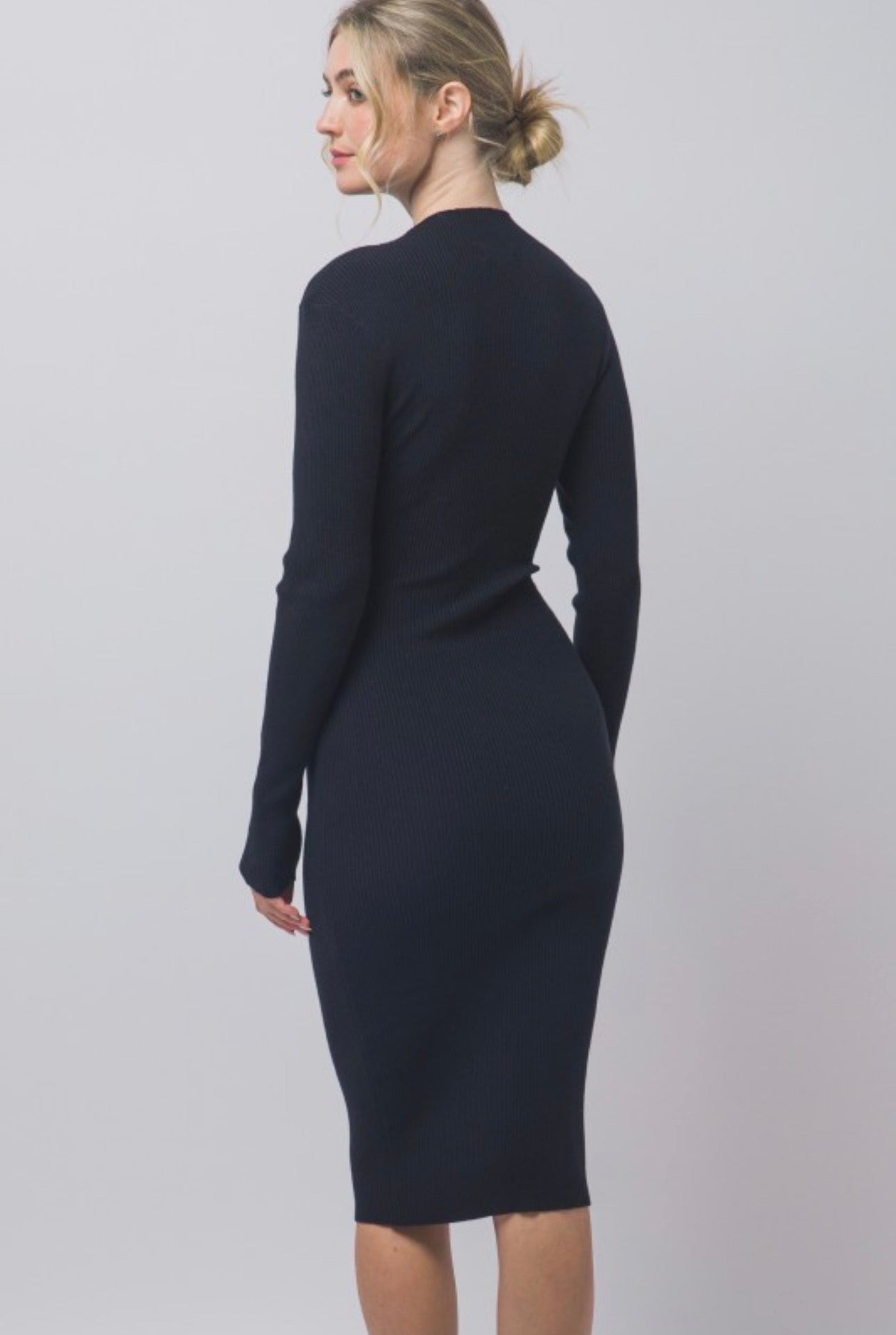 Mock Neck Long Sleeve Sweater Midi Dress with Tie Waist