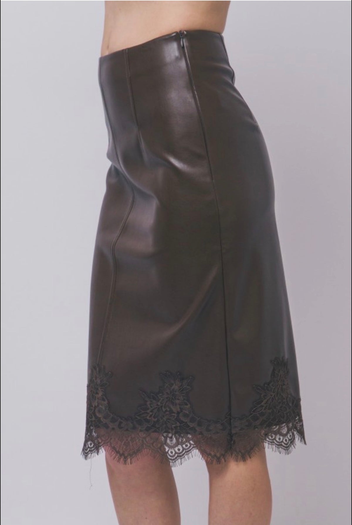 Lace Hem Leather Midi Skirt with Back Slit