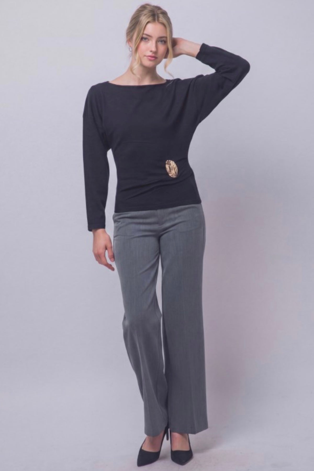 Boat Neck Long Sleeve Ruched with Gold Accent