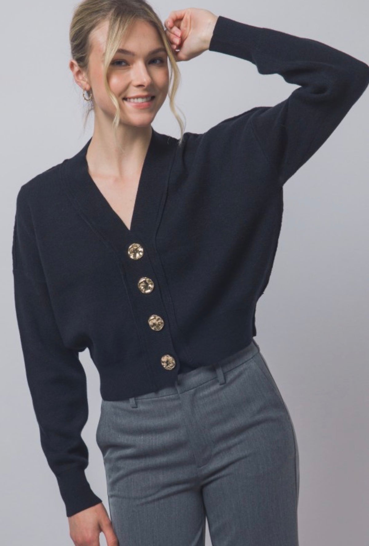 V Neck Cardigan with Gold Abstract Buttons