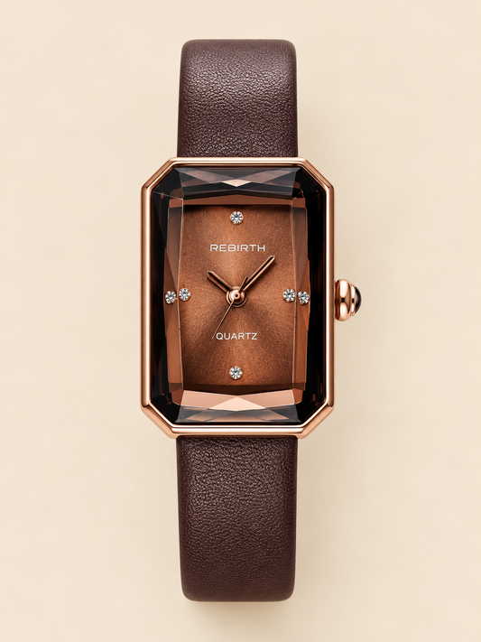 Brown Rectangle Crystal Face Watch with Gold Accents