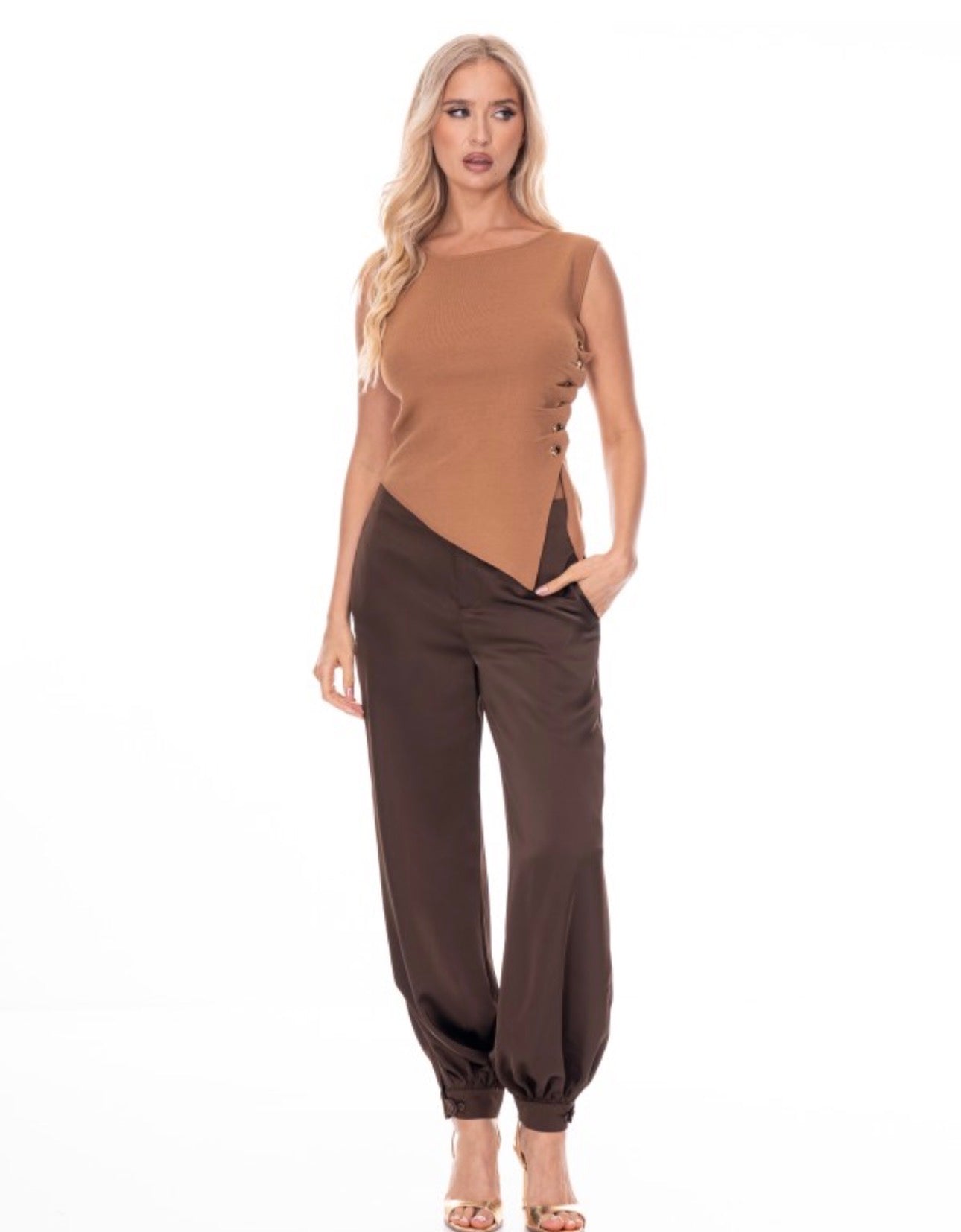 Asymmetrical Knit Tank Ruched Side and Gold Buttons