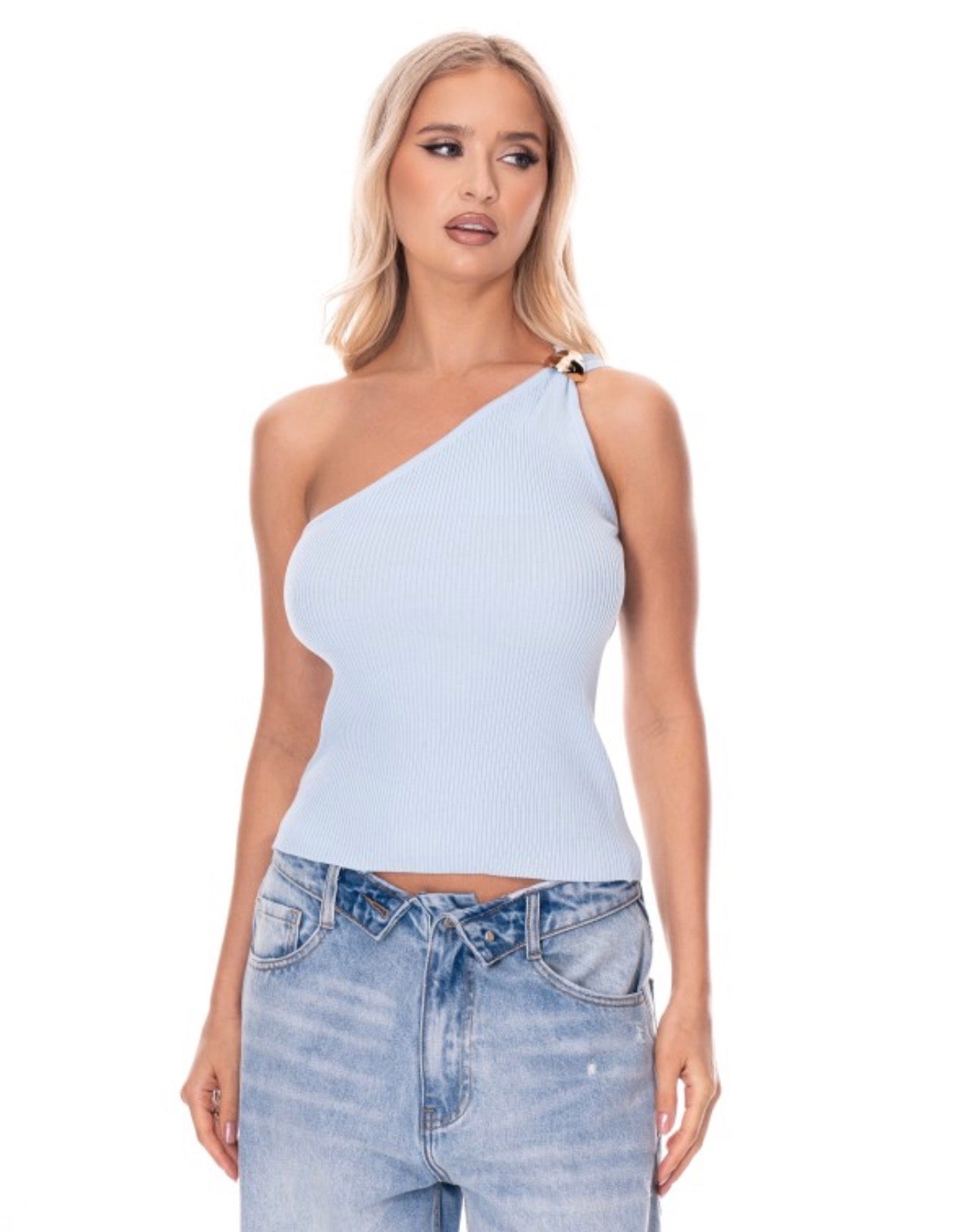 One-Shoulder Ribbed Knit Tank with Gold Accent
