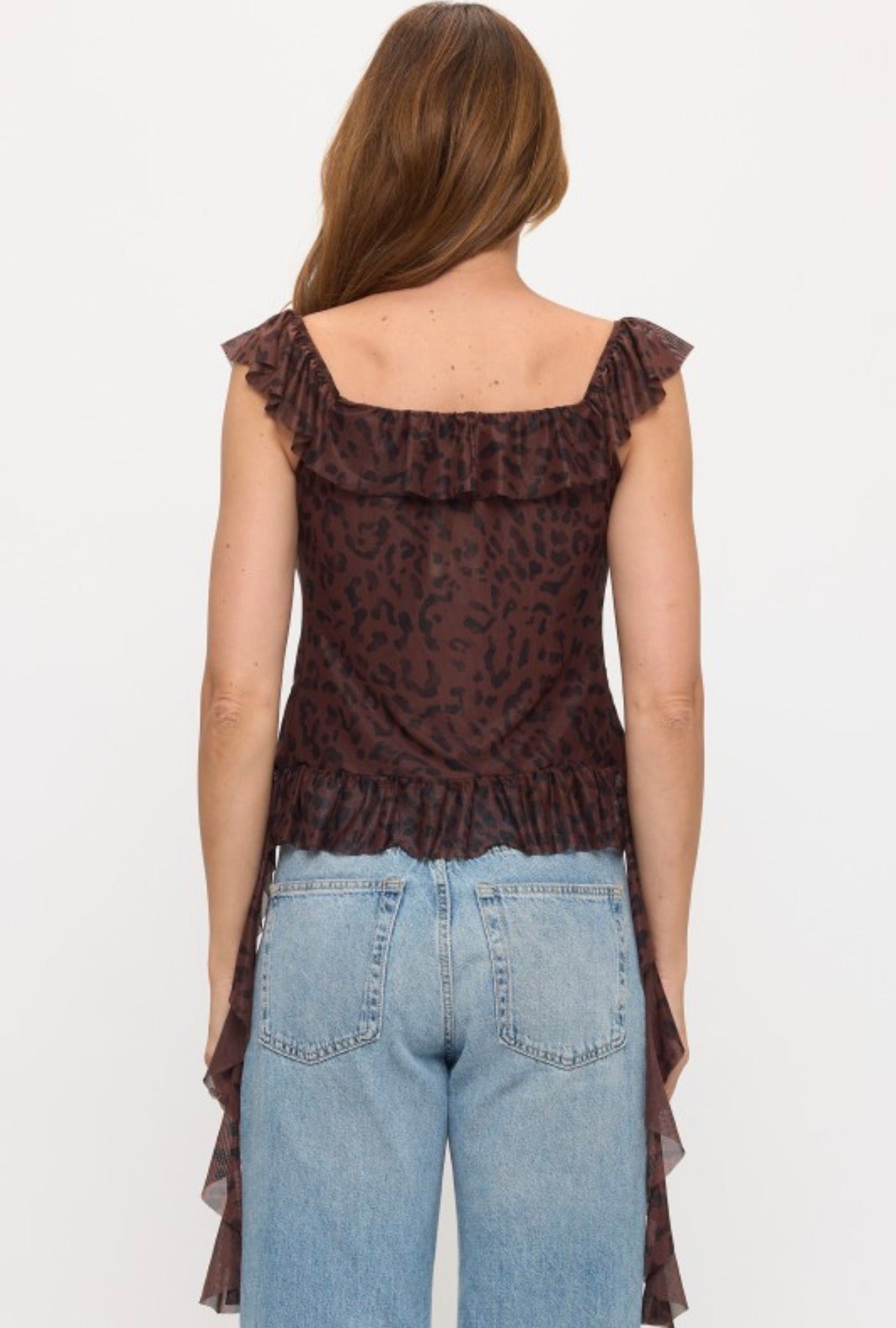 Leopard Ruffled Trim with Lace Tie Front Top