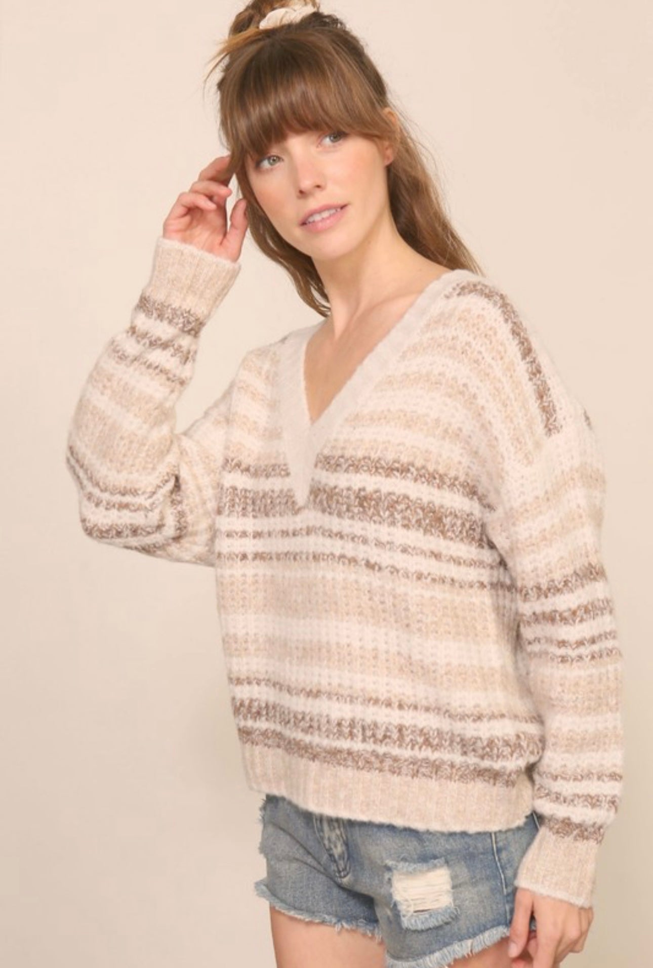 V Neck Knit Tri-Color Sweater
