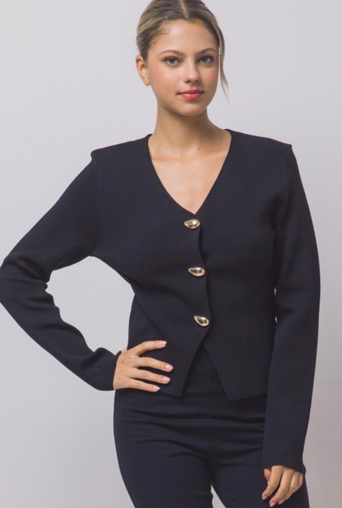 Split Front Ribbed Gold Button Front Cardigan
