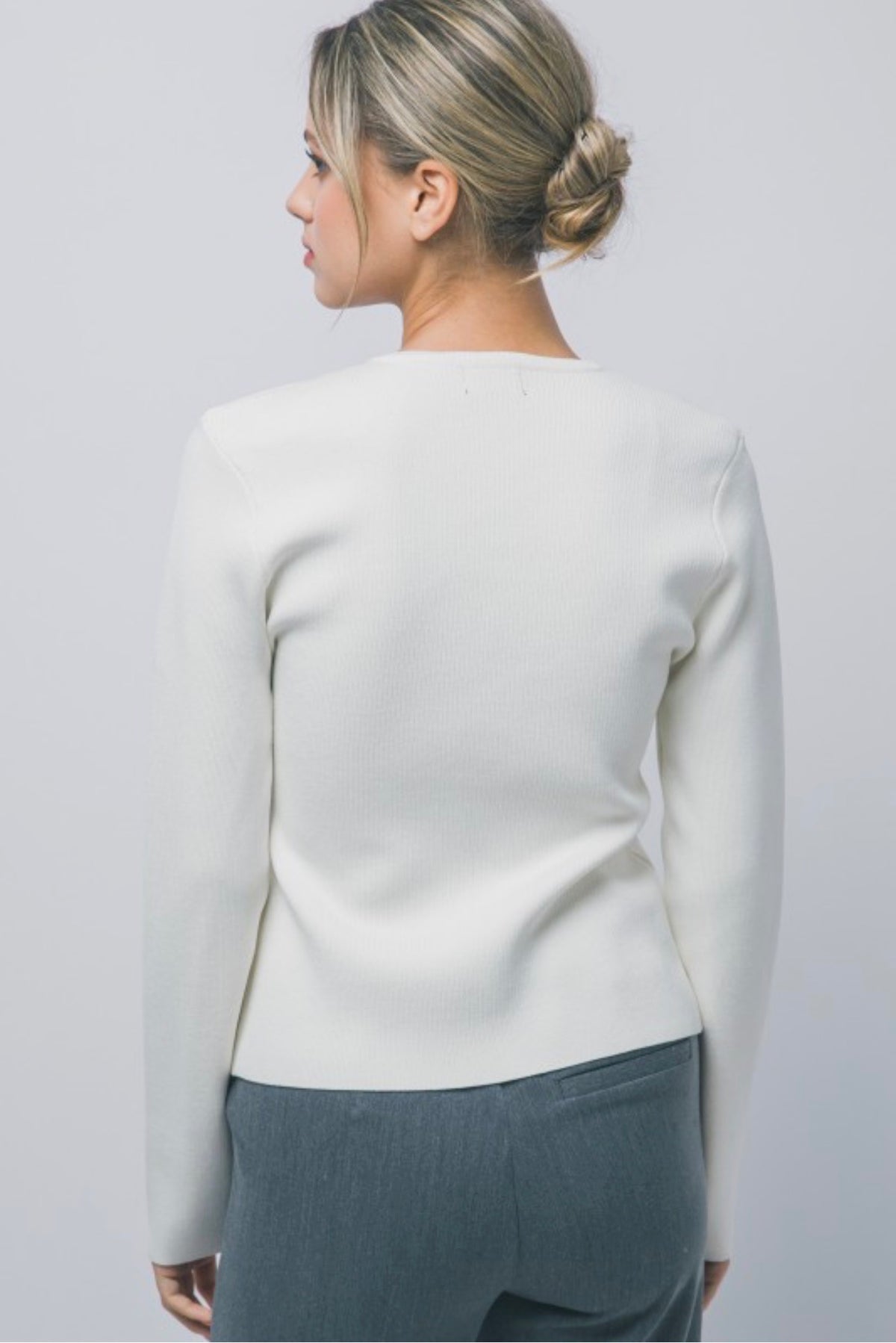 Split Front Ribbed Gold Button Front Cardigan