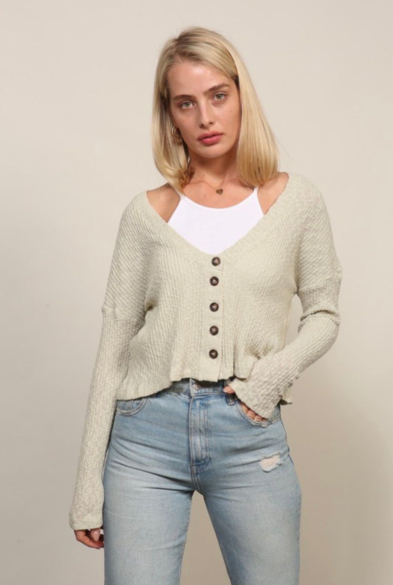 Button Front Waffle Ribbed Top