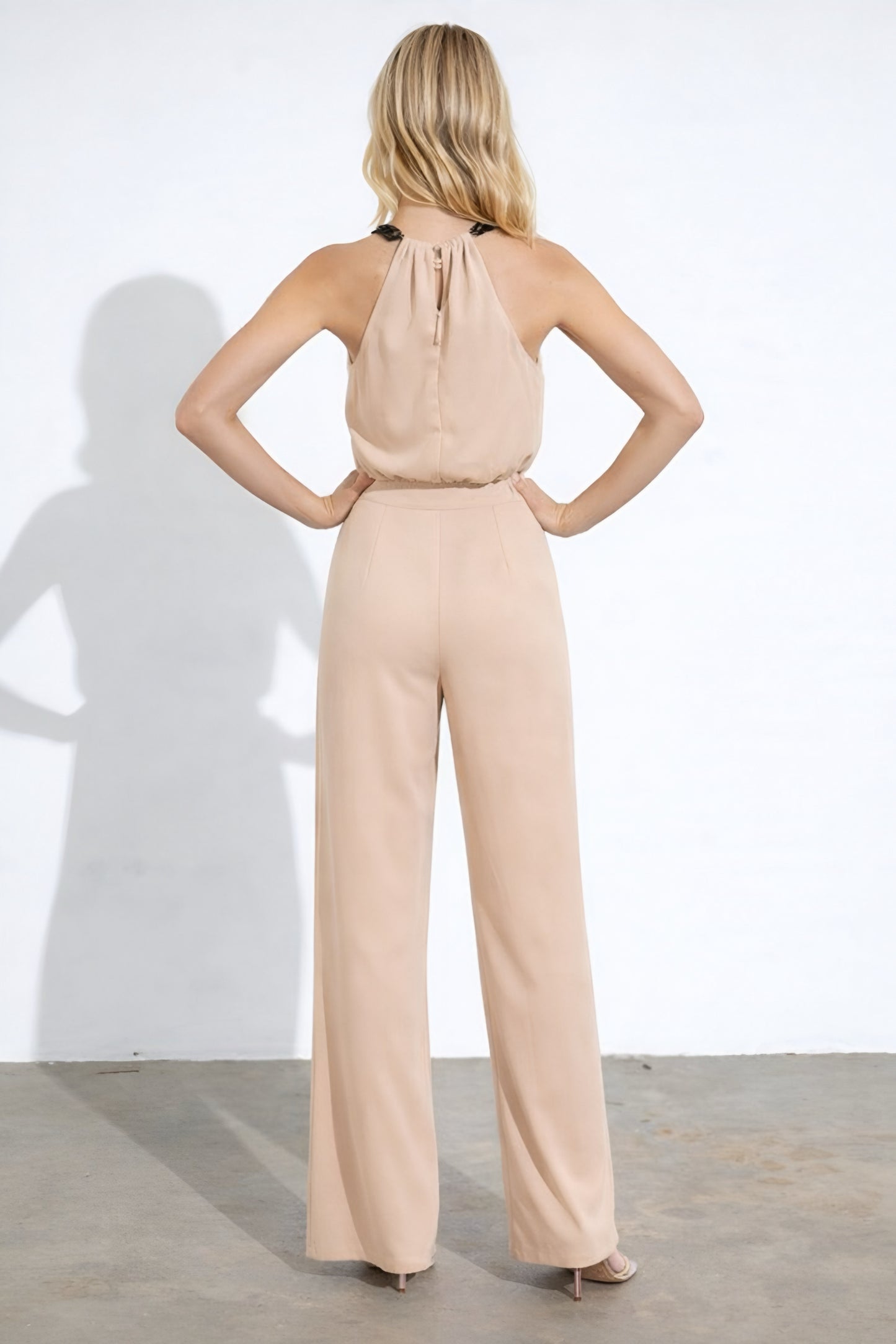 Beige Jumpsuit with Black Chain Halter