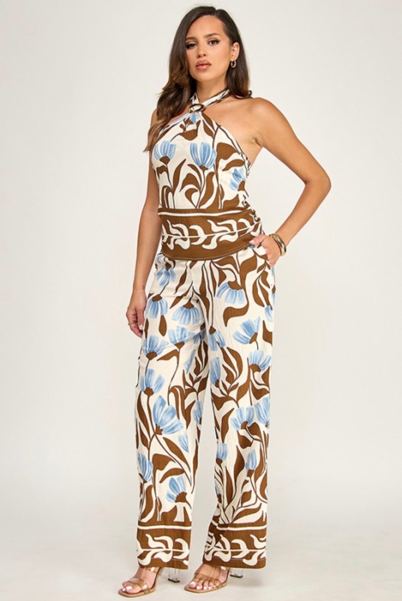 Summer Floral Tie Back Halter and Pants Set