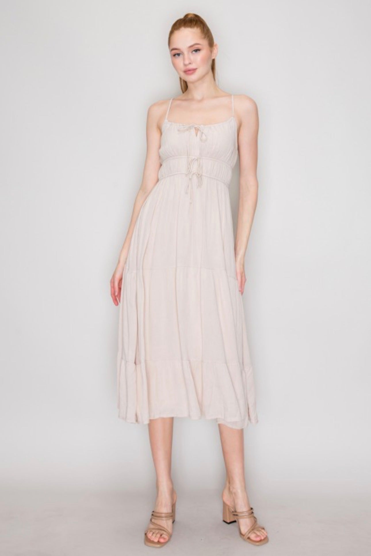 Beige Peasant Tie Smock Midi Dress