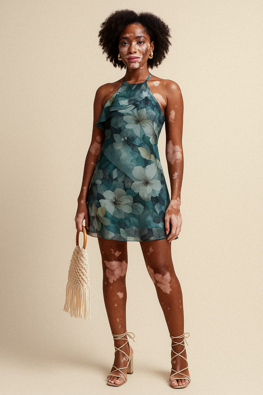 Halter Blue Floral Ruffle Mini Dress