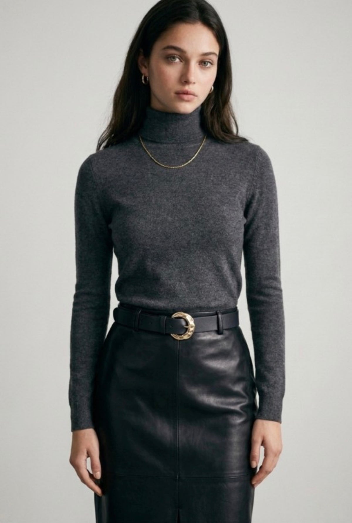 Belted Leather Midi Skirt with Front Slit