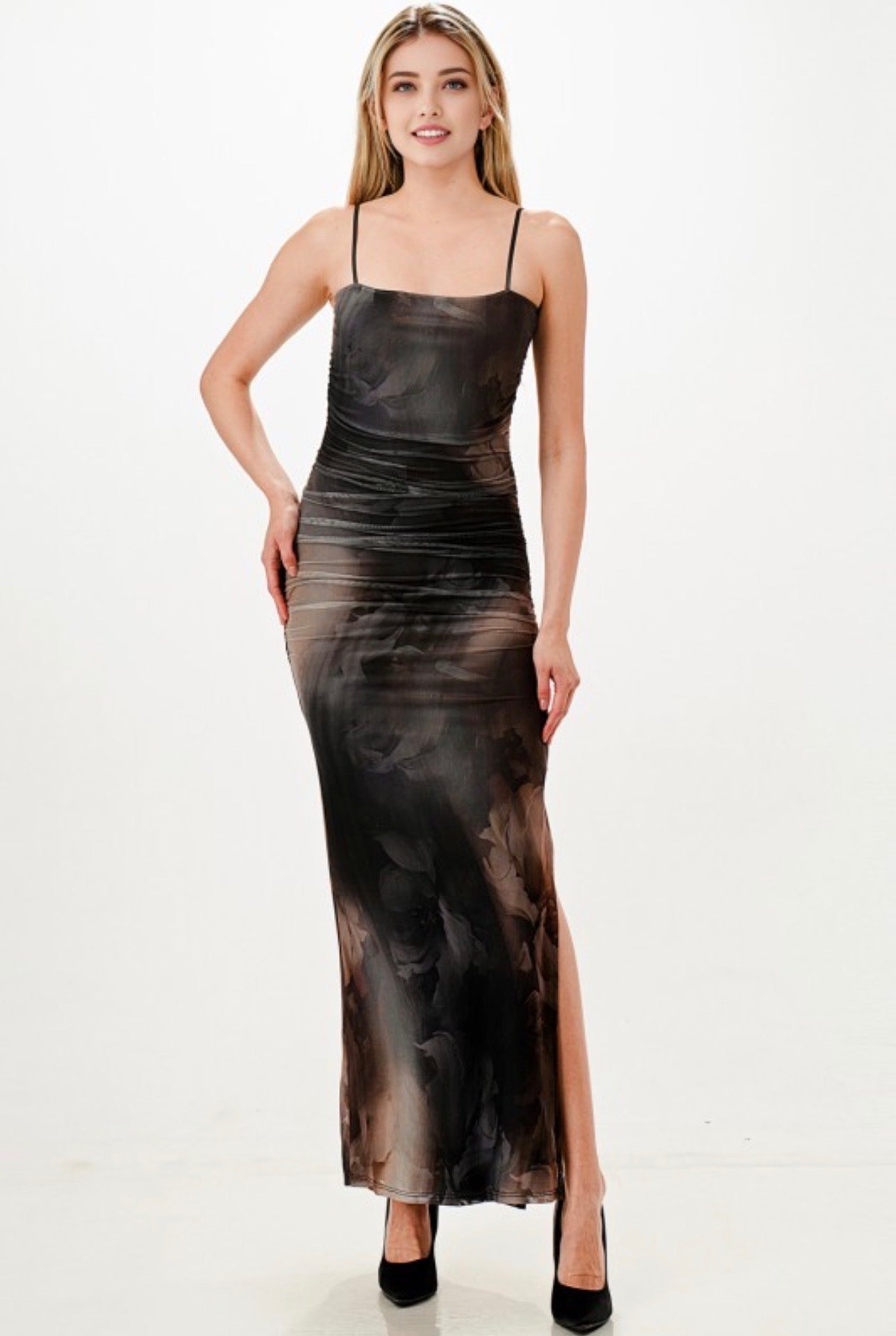 Dark Floral Mesh Scrunch Maxi Dress