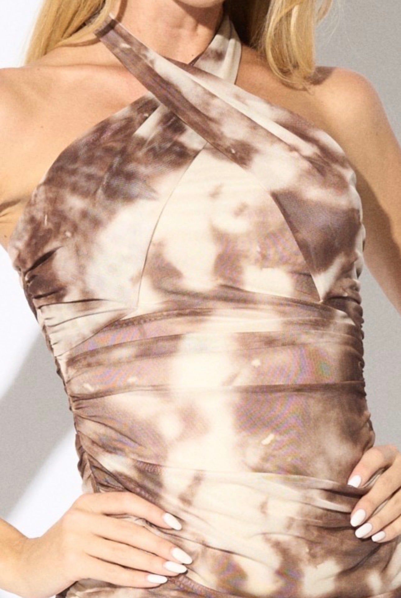 Abstract Ruched Cross Halter Midi Dress