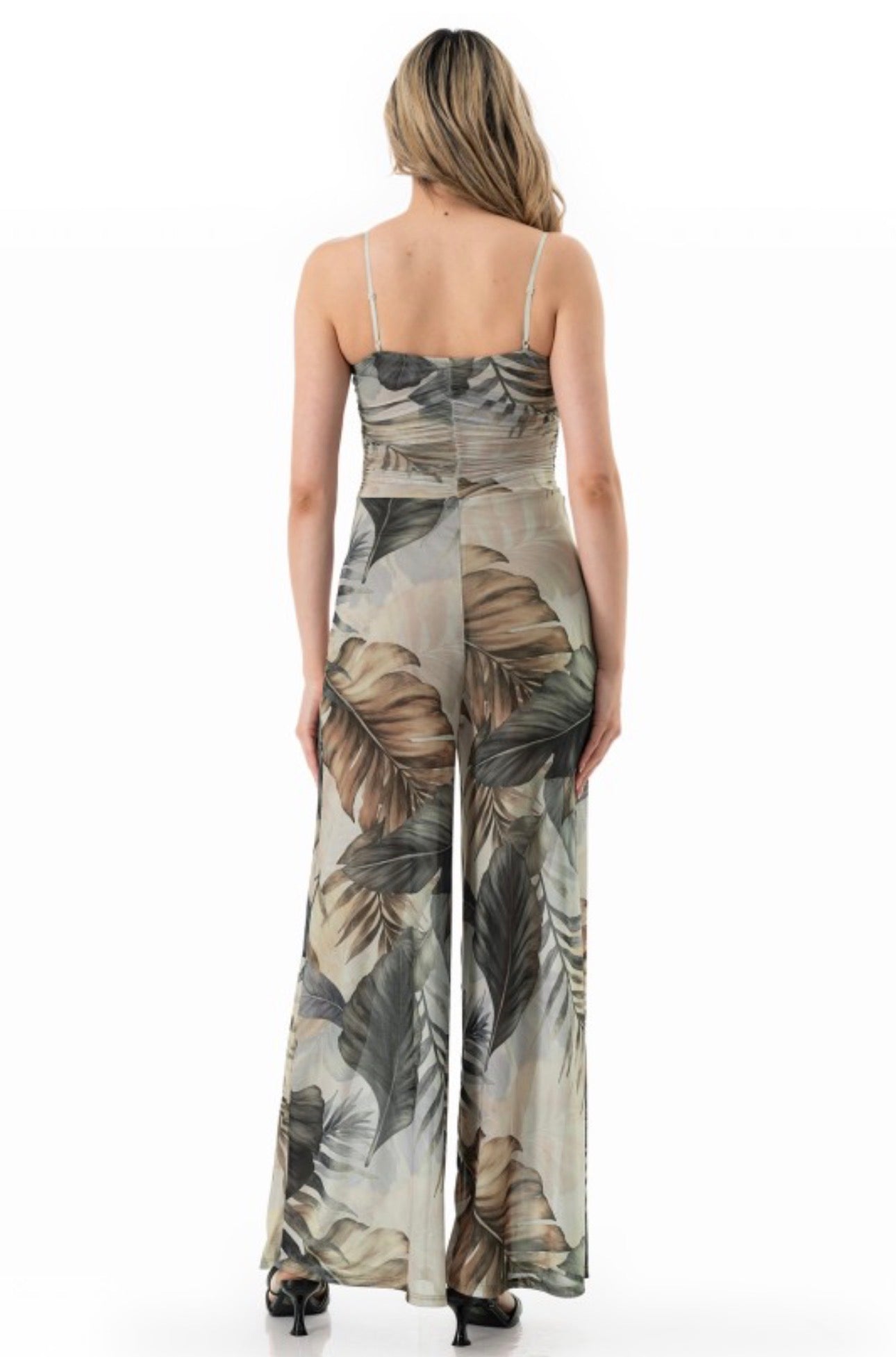 Tropical Floral Mesh Scrunch Waist Jumpsuit