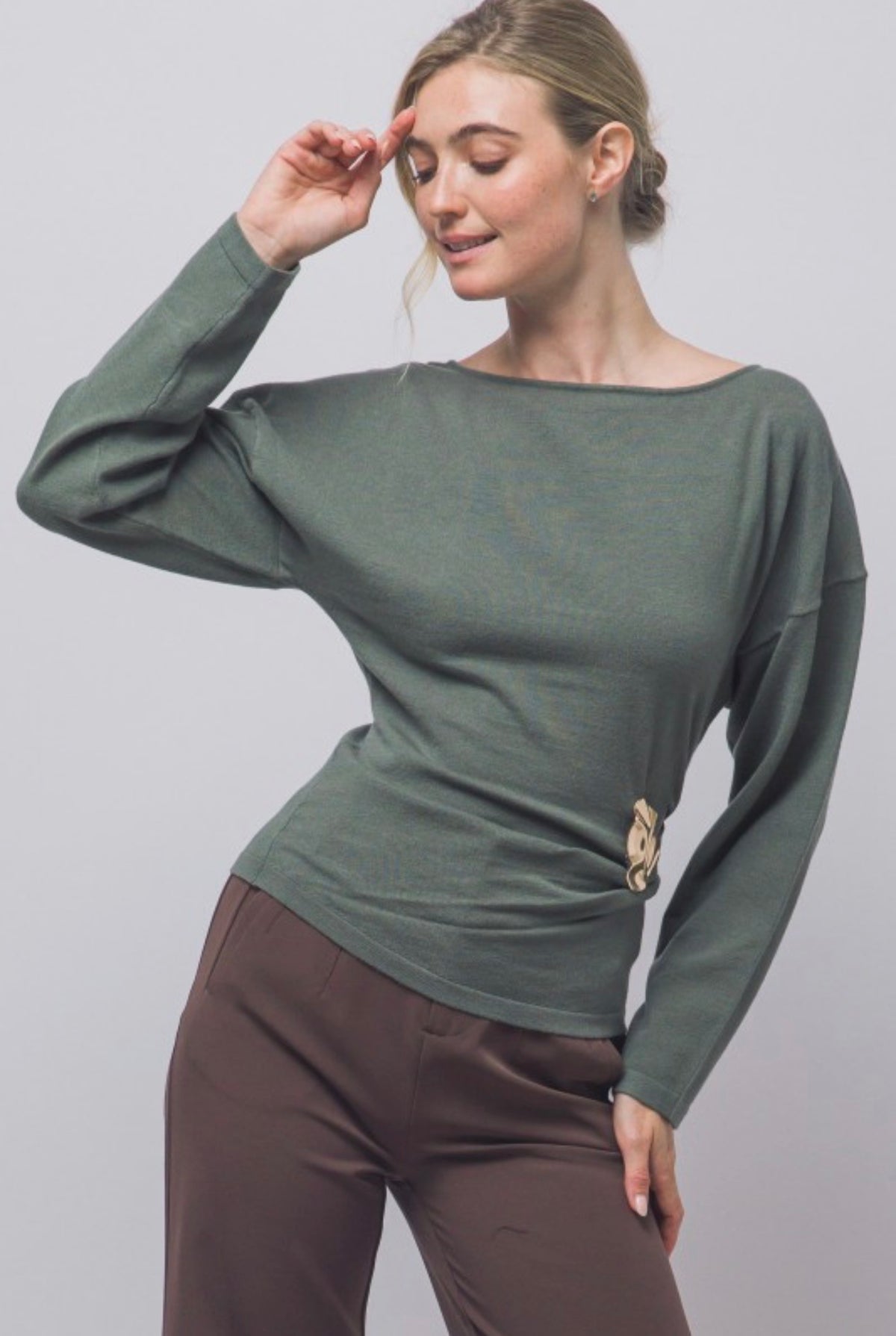 Boat Neck Long Sleeve Ruched with Gold Accent