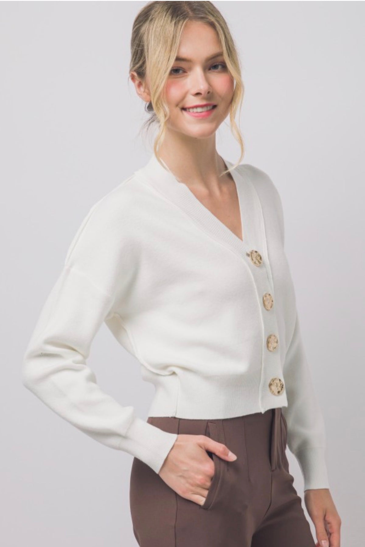 V Neck Cardigan with Gold Abstract Buttons