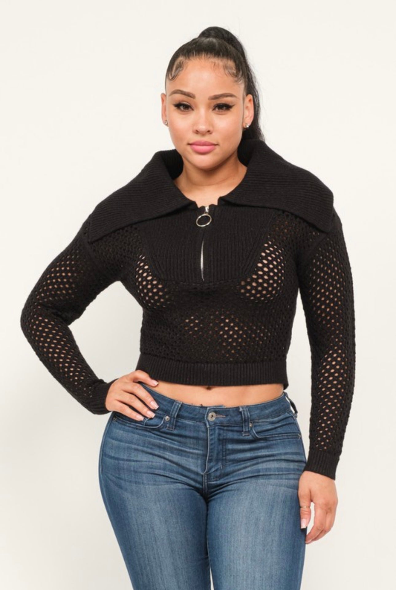 Quarter Zip Open Knit Crop Sweater