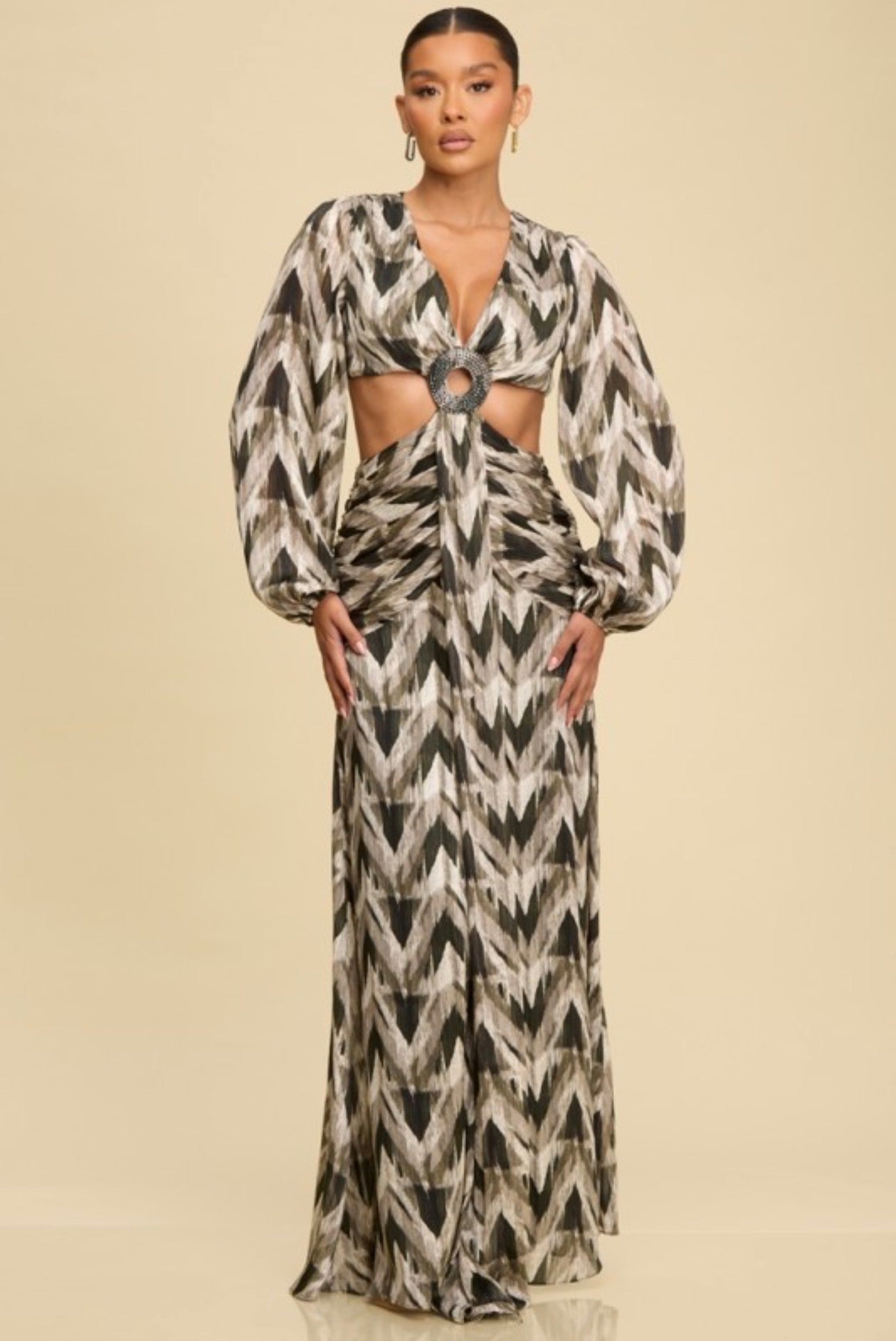 Long Sleeve Brush Maxi Circle Keyhole Dress