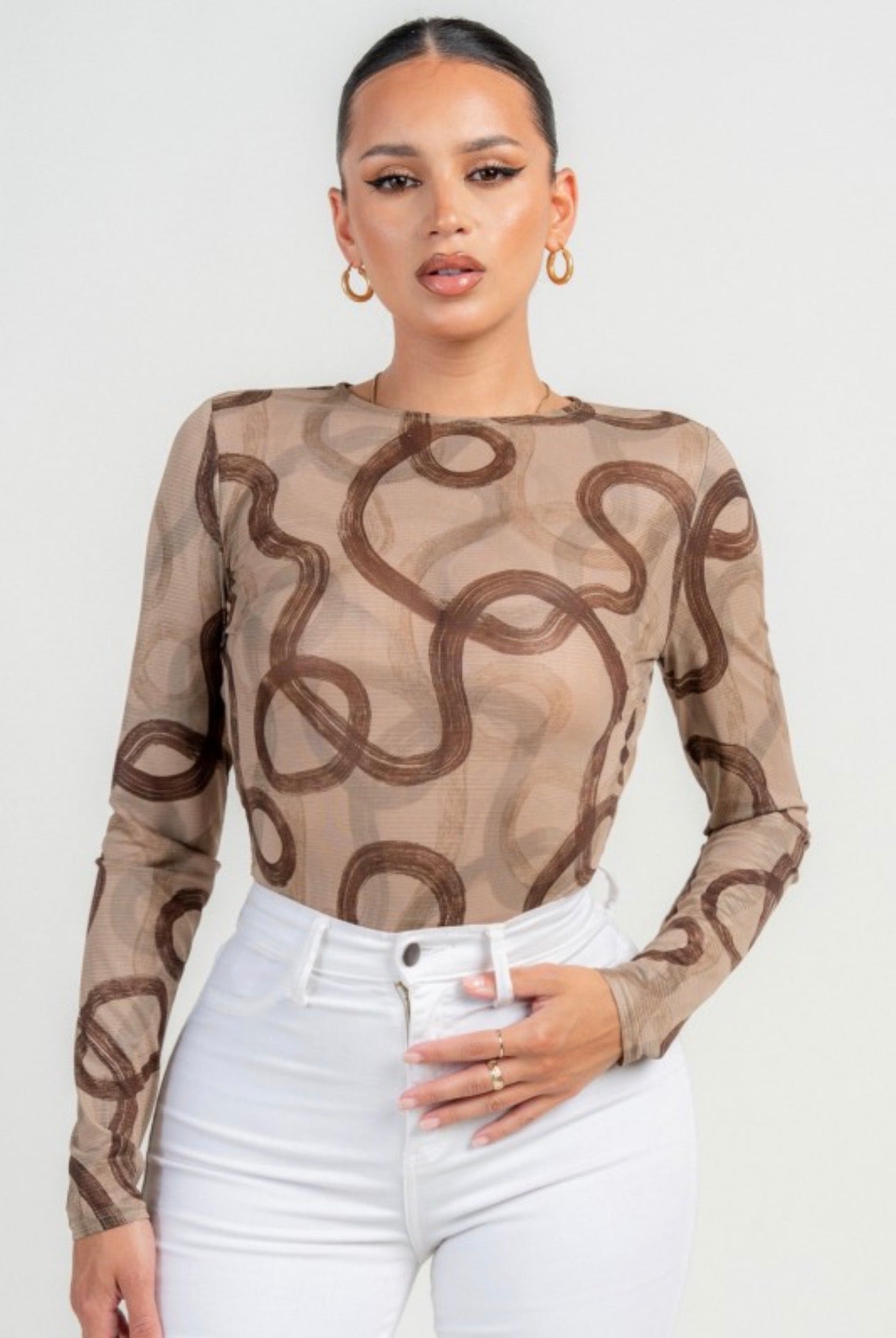 Abstract Swirl Mesh Bodysuit with Open Back