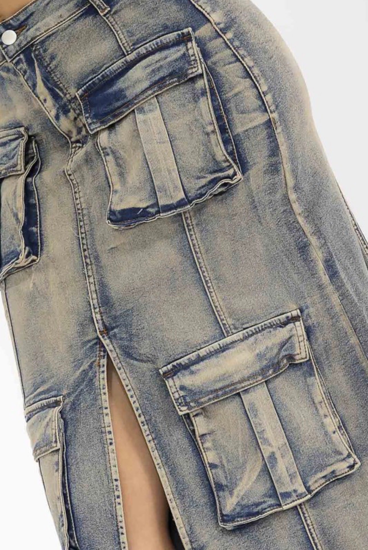 Acid Wash Cargo Denim Skirt