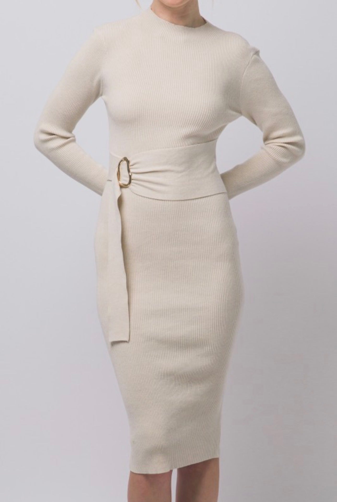 Mock Neck Long Sleeve Sweater Midi Dress with Tie Waist