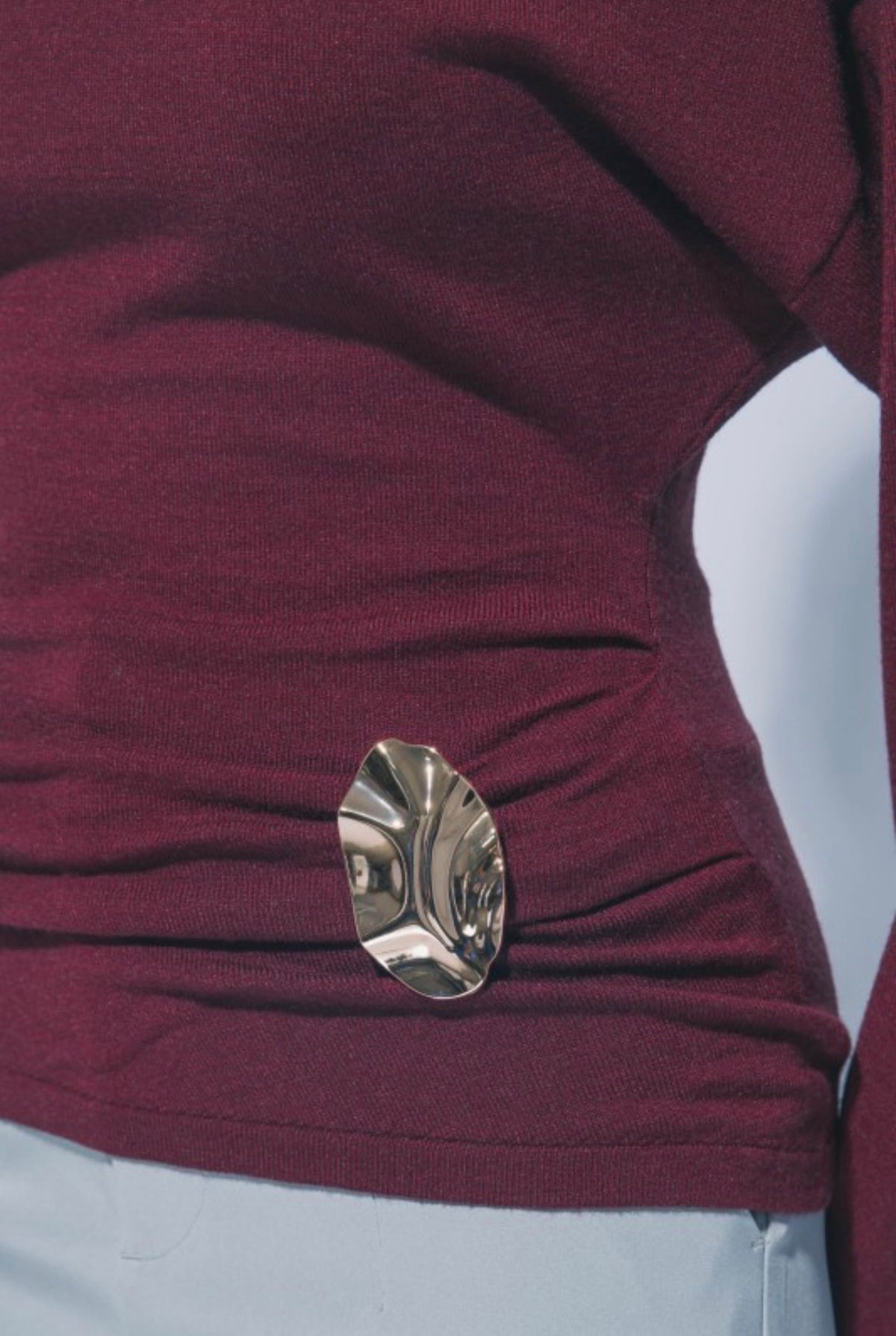 Boat Neck Long Sleeve Ruched with Gold Accent