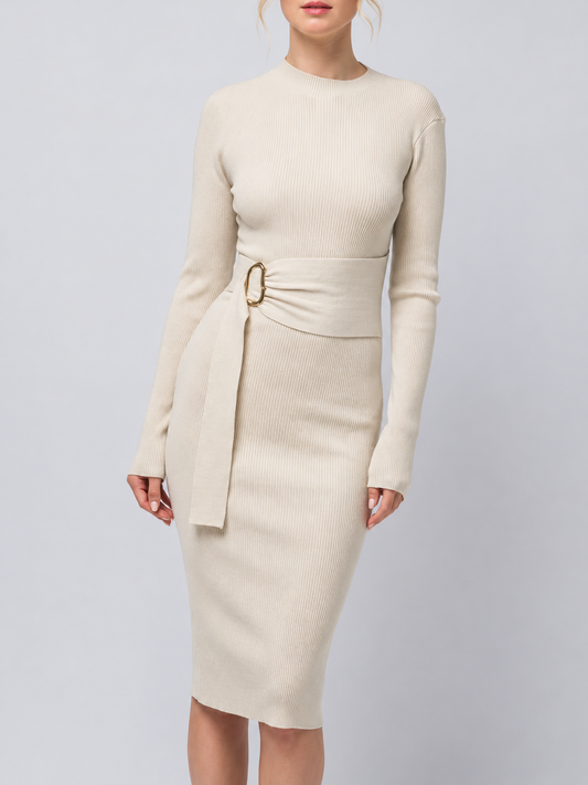 Mock Neck Long Sleeve Sweater Midi Dress with Tie Waist