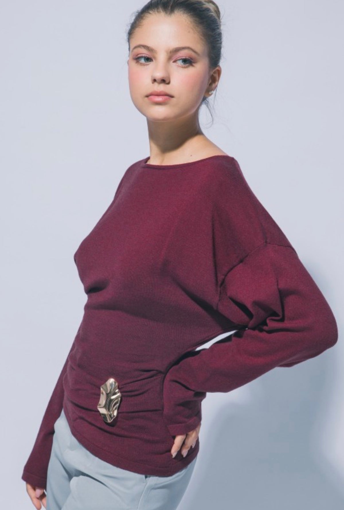 Boat Neck Long Sleeve Ruched with Gold Accent