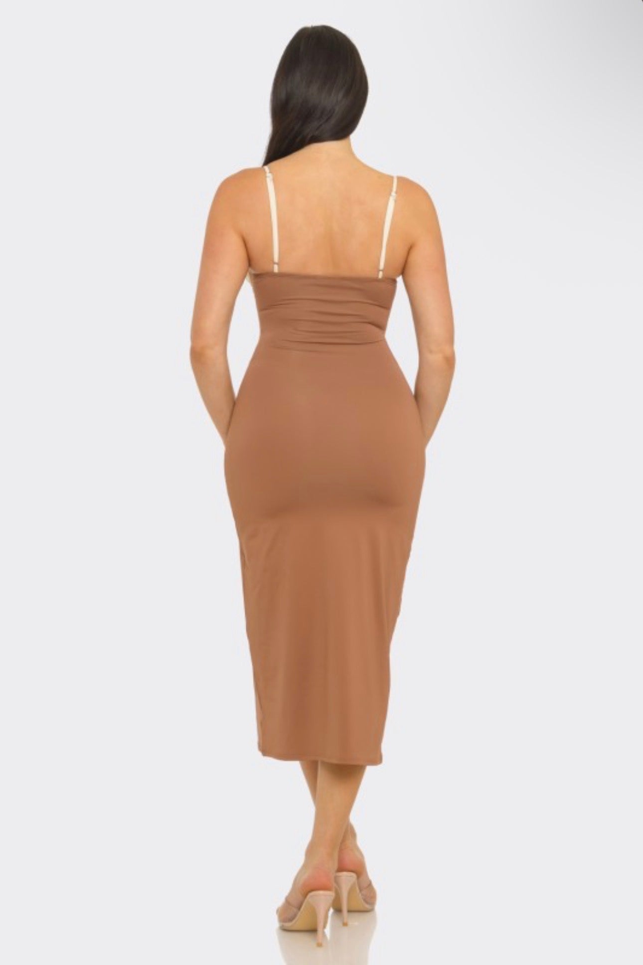 Nude Color Block Midi Dress with Gold Accent