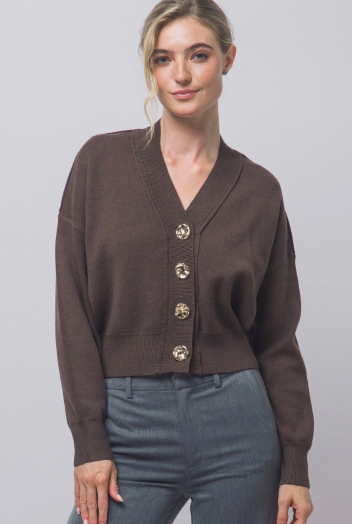 V Neck Cardigan with Gold Abstract Buttons