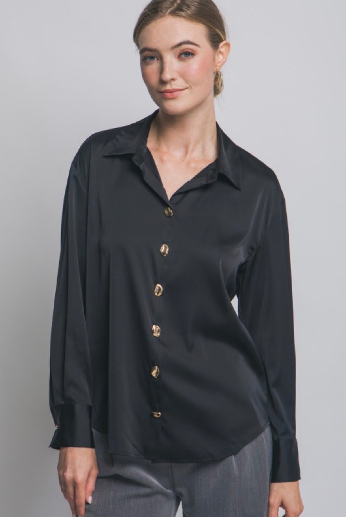 Satin Button Up Blouse with Gold Abstract Buttons
