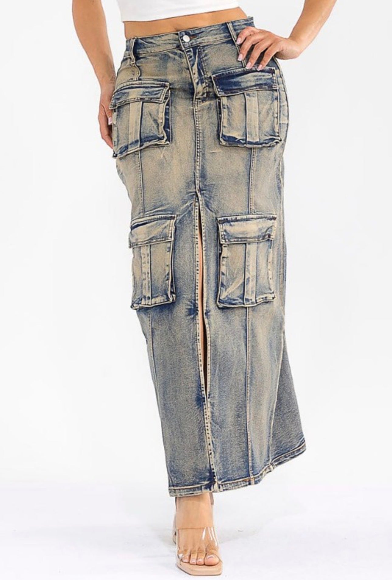 Acid Wash Cargo Denim Skirt