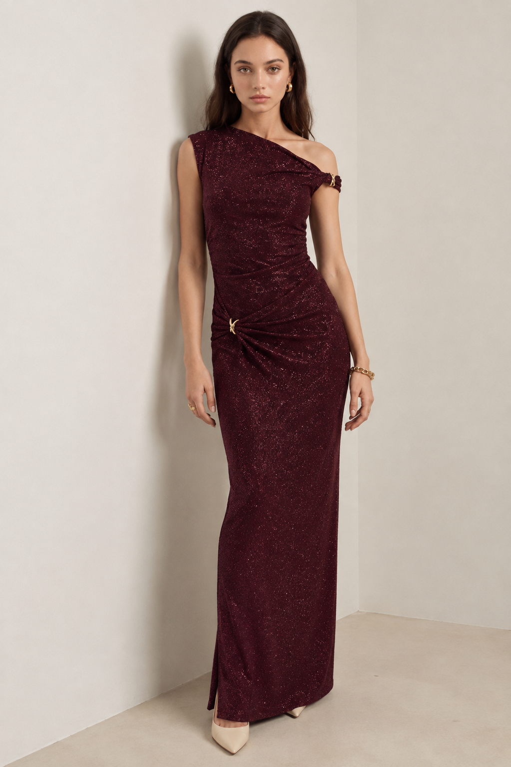 Sparkle Evening Boat Neck Maxi Dress with Twisted Gold Accents