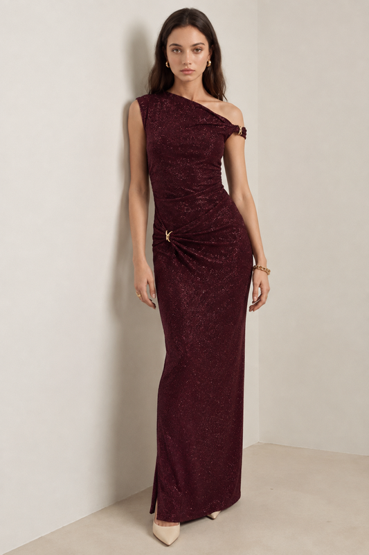 Sparkle Evening Boat Neck Maxi Dress with Twisted Gold Accents