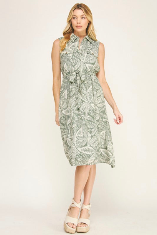 Green Paisley Collared Tie Front Dress