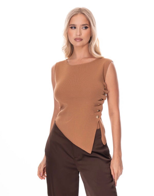 Asymmetrical Knit Tank Ruched Side and Gold Buttons
