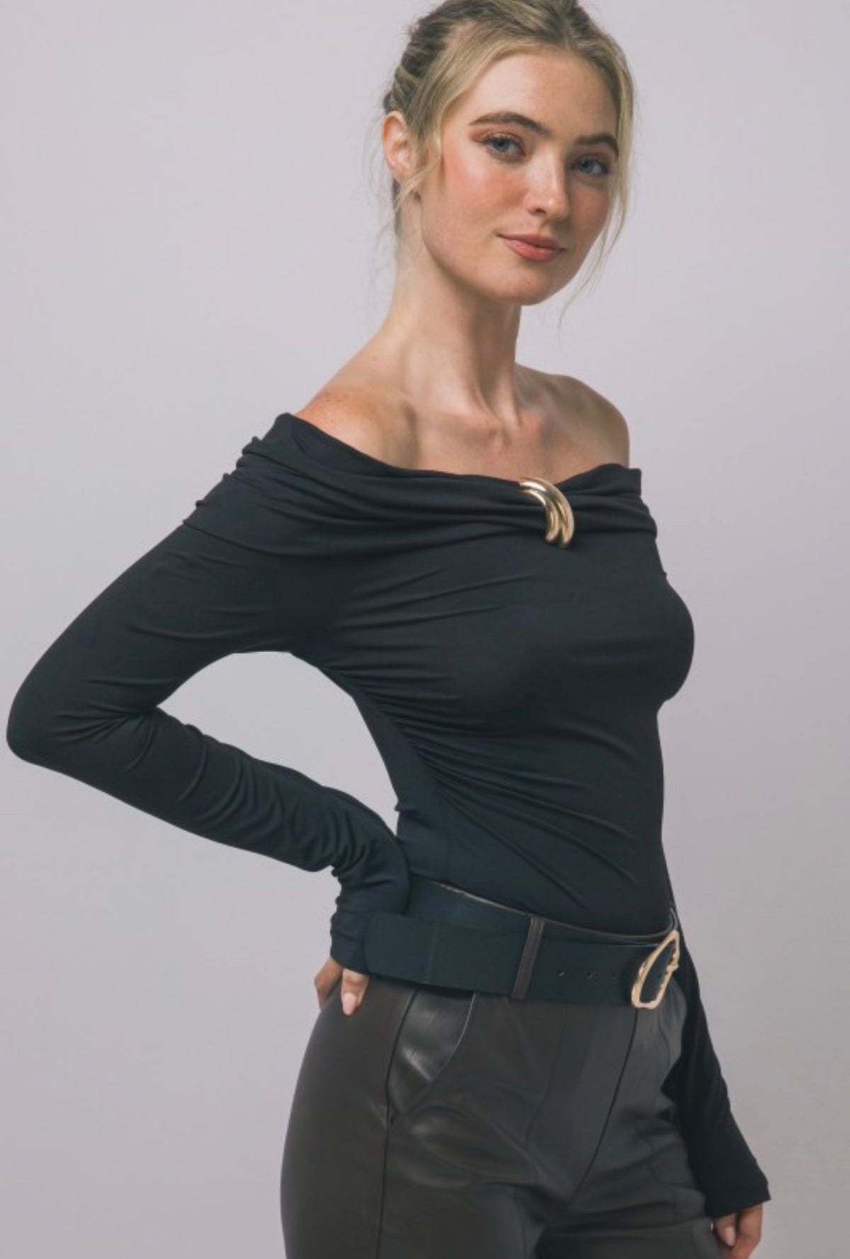 Off-the-Shoulder Front Gold Twist Long Sleeve Bodysuit