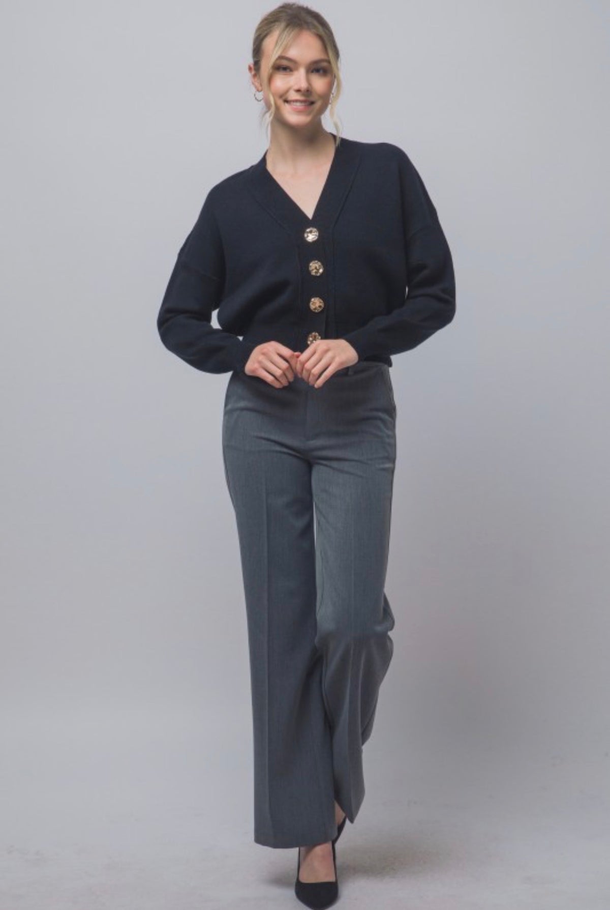 V Neck Cardigan with Gold Abstract Buttons