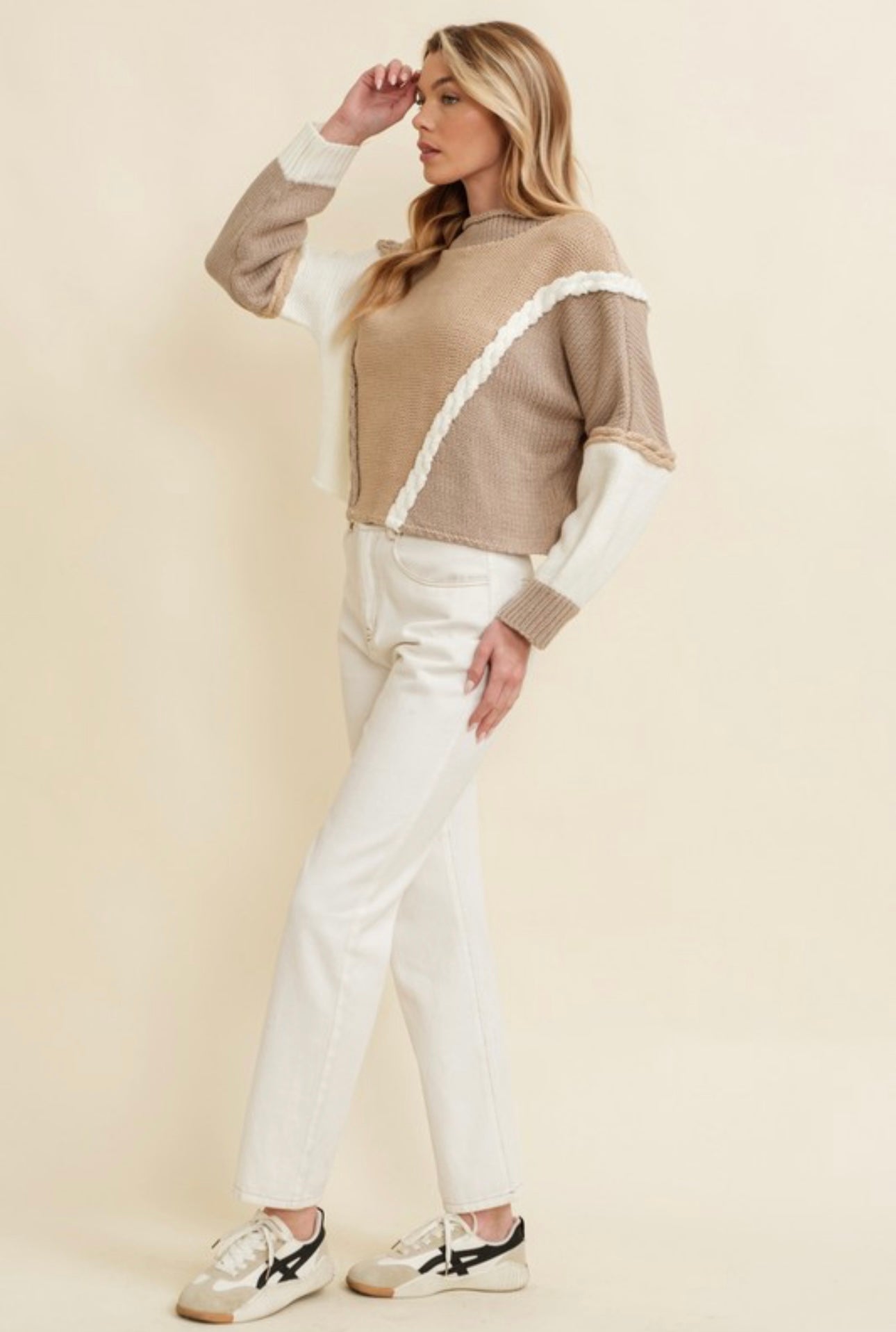 Tri Tone Mock Neck Crop Sweater