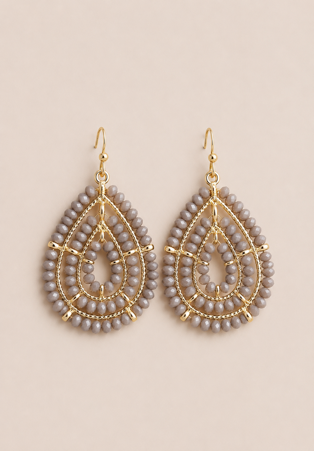 Boho Gold and Gray Beaded Teardrop Earrings