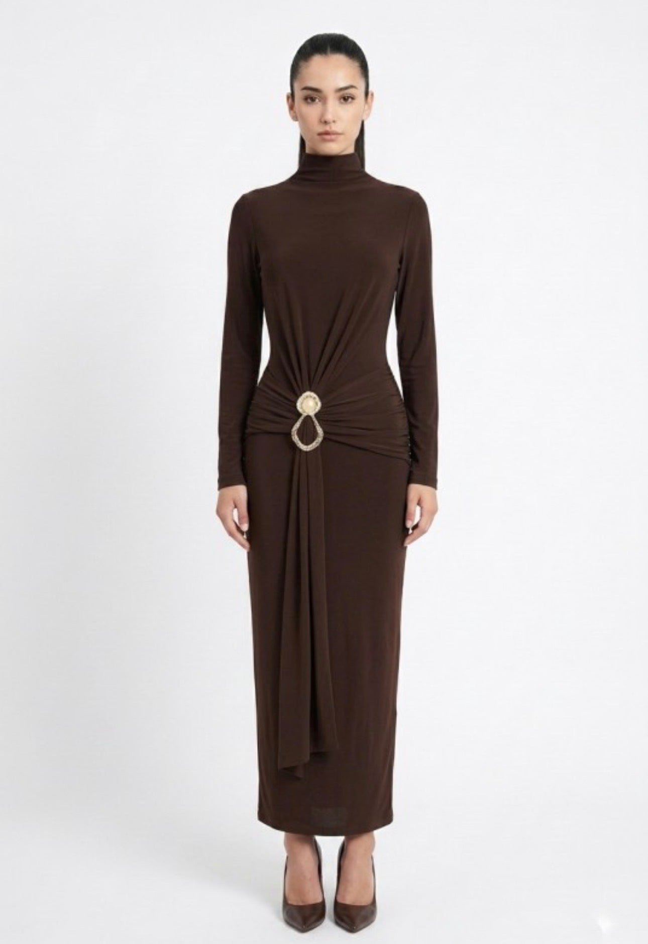 Mock Neck Ruche Drape Long Sleeve Maxi Dress with Gold Accent