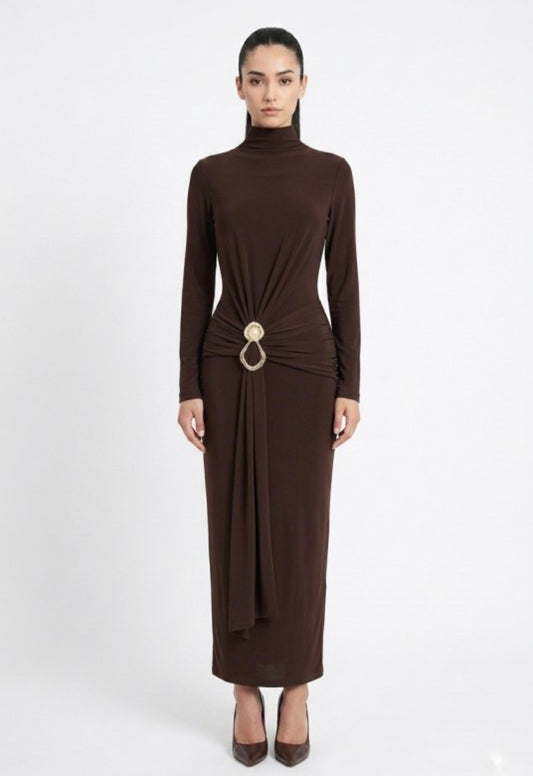 Mock Neck Ruche Drape Long Sleeve Maxi Dress with Gold Accent
