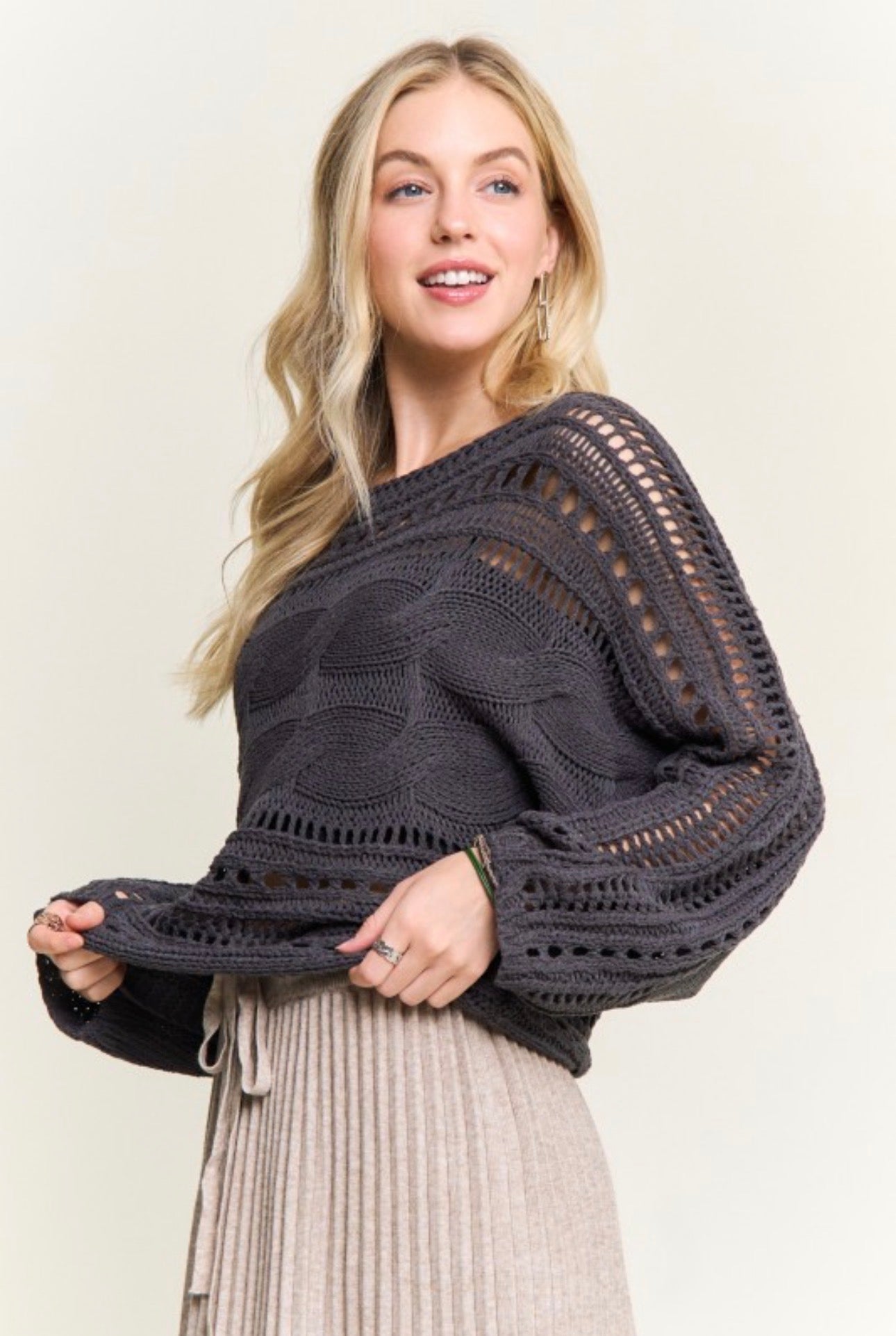 Cable Knit Openwork Long Sleeve Sweater