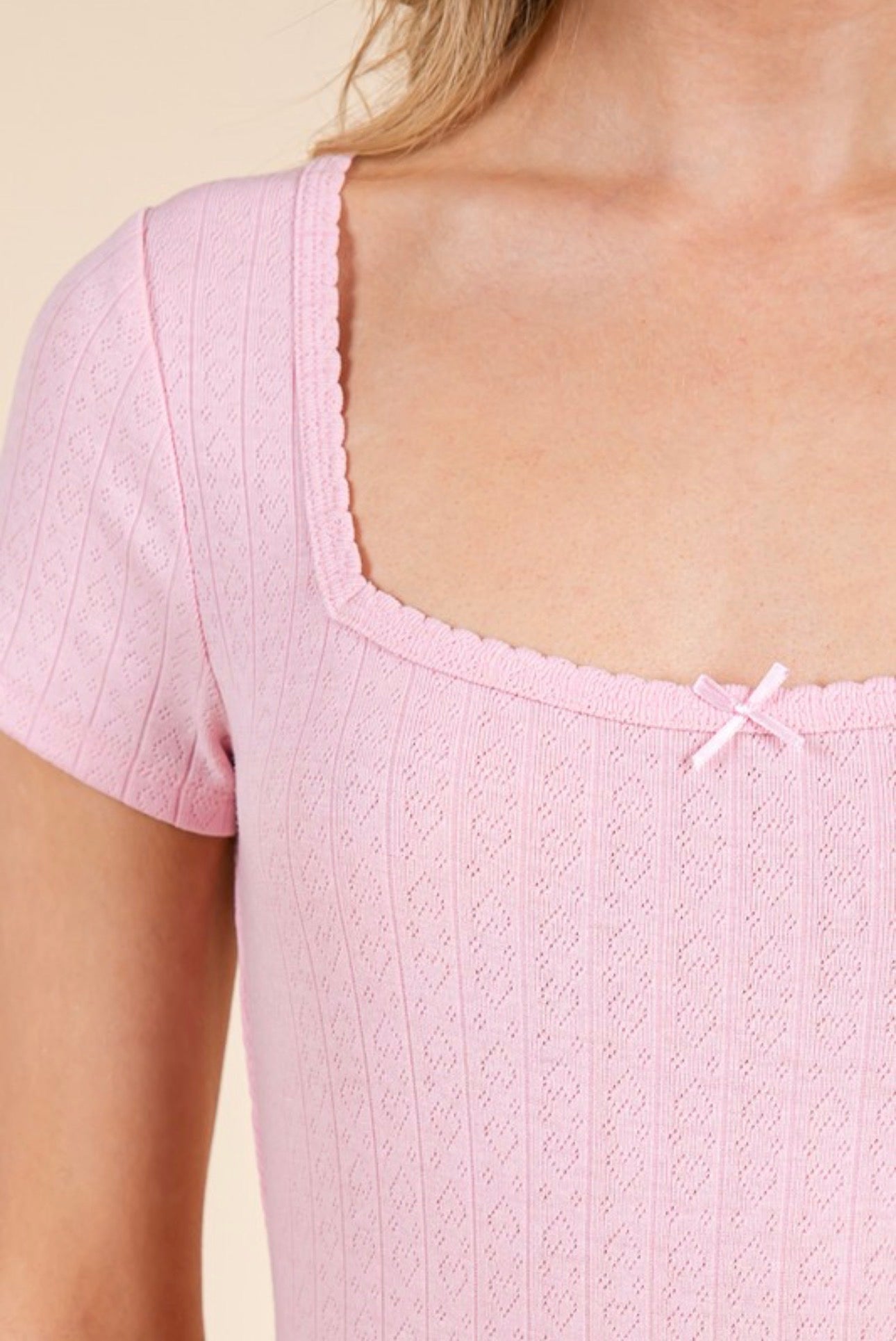 Square Neck Short Sleeve with Pink Bow and Scallop Edge