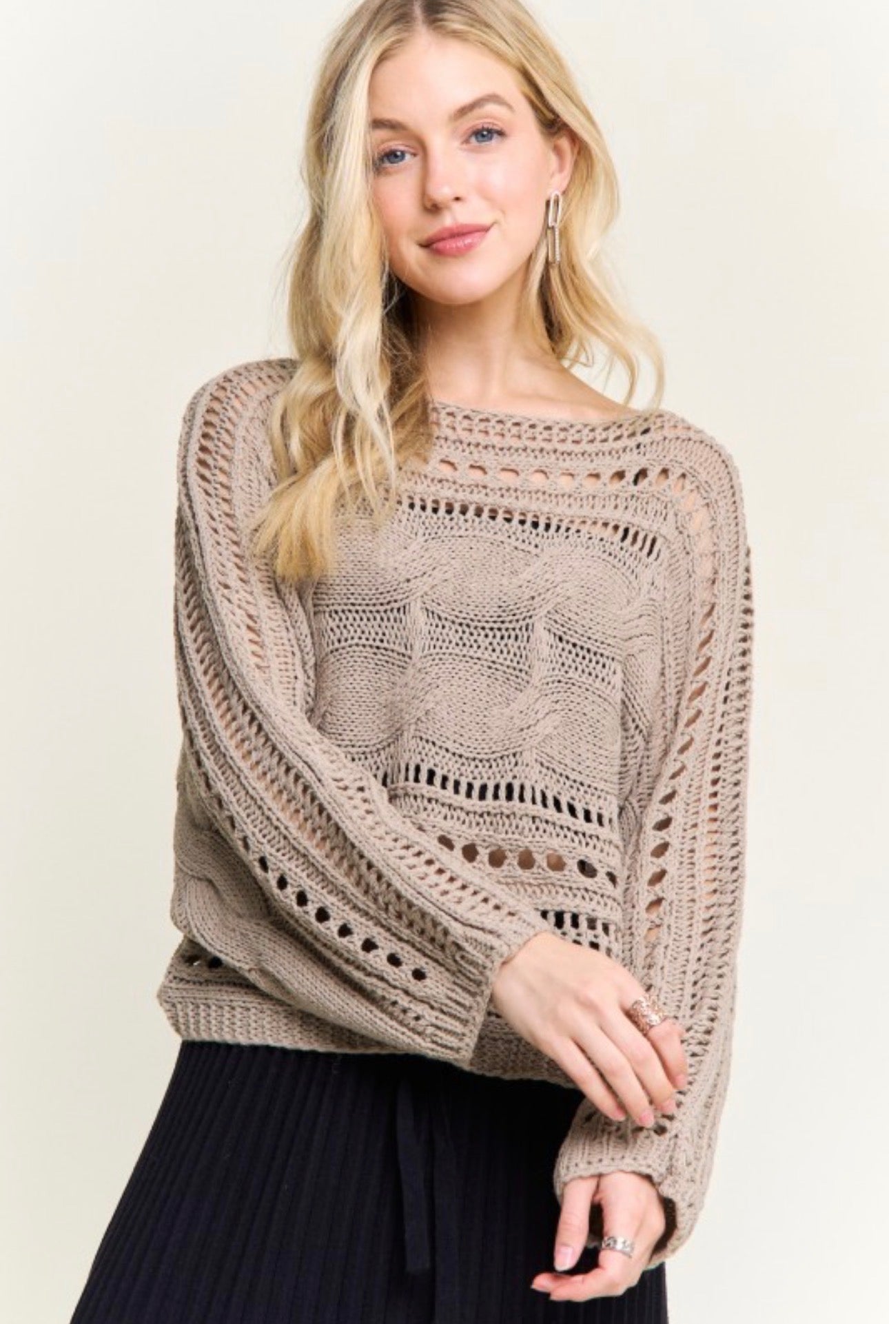 Cable Knit Openwork Long Sleeve Sweater
